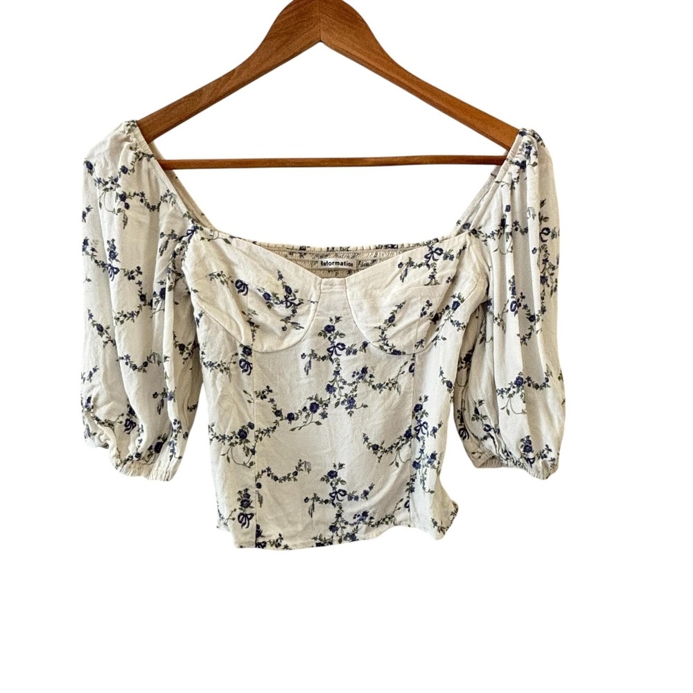 Reformation Floral Crop Top Womens 0‎ Blue White Puff Sleeve Sweetheart Smocked